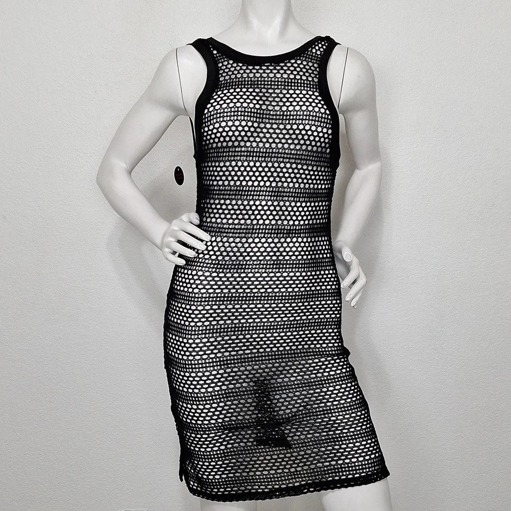 Black Sheer “NEW” Witchy Crochet Knit Whimsy Goth Mini Gothic Dress Size Small